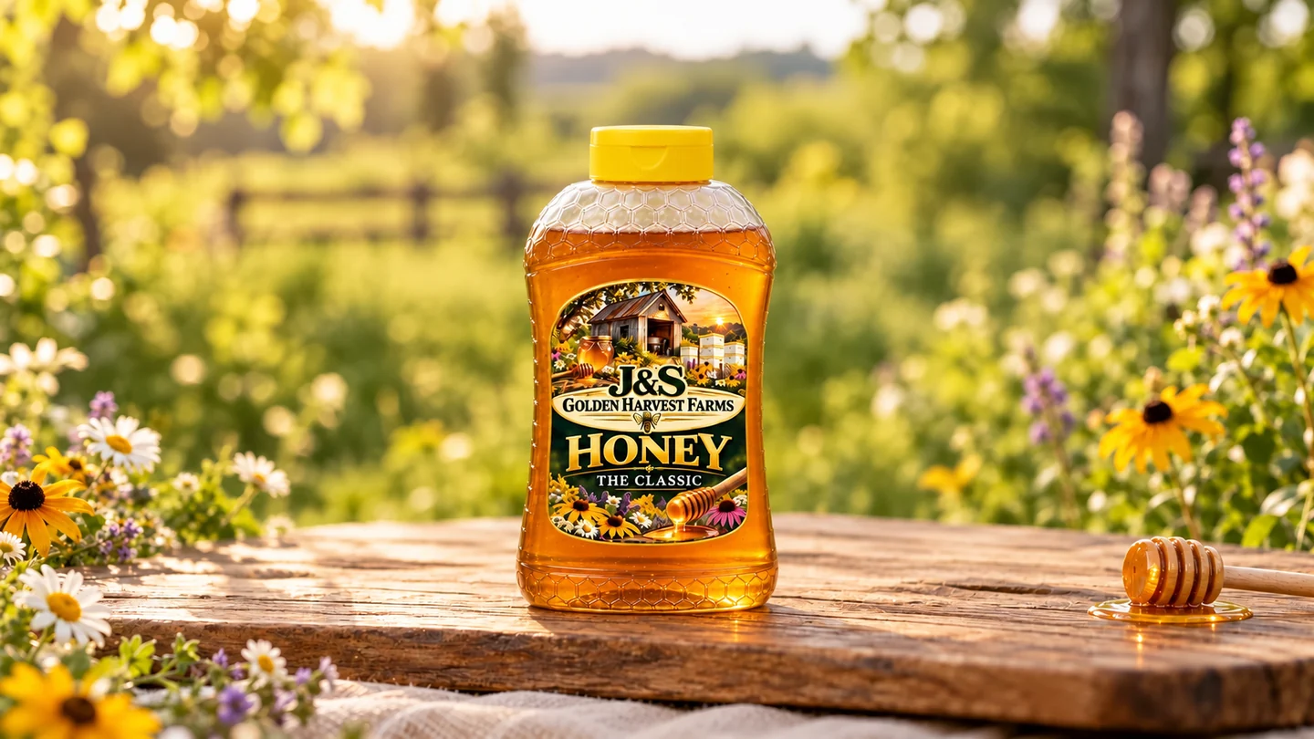 One J&S Classic Honey bottle with a yellow cap on a wooden garden table beside a honey dipper.