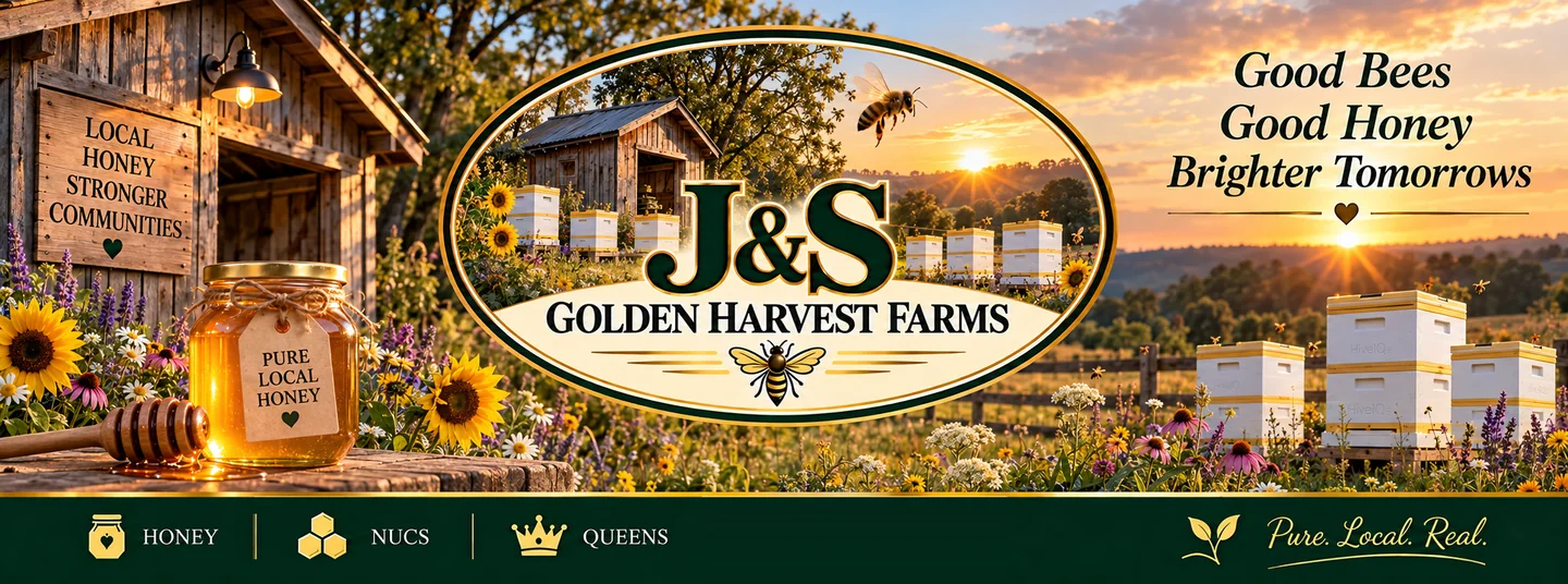 J&S Golden Harvest Farms banner with a central oval farm logo, honey, hives, and Kansas countryside.