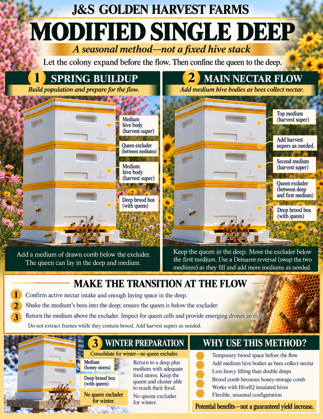 Modified Single Deep seasonal guide: spring brood space in a deep and medium, queen confined to the deep during nectar flow, and a deep plus food-stores medium without an excluder for winter. Full instructions are provided in the article above.